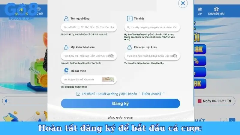 Hoàn tất đăng ký để bắt đầu cá cược