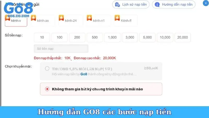 Hướng dẫn GO8 các bước nạp tiền